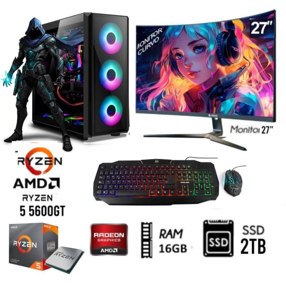 COMPUTADORA PC GAMER RYZEN 5 5600GT RAM 16GB DISCO SSD 2TB, Monitor 27"