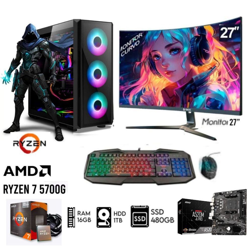 Computadora Pc Ryzen 7-5700G Ram 16GB Disco 1TB+Disco SSD 480GB  Monitor 27