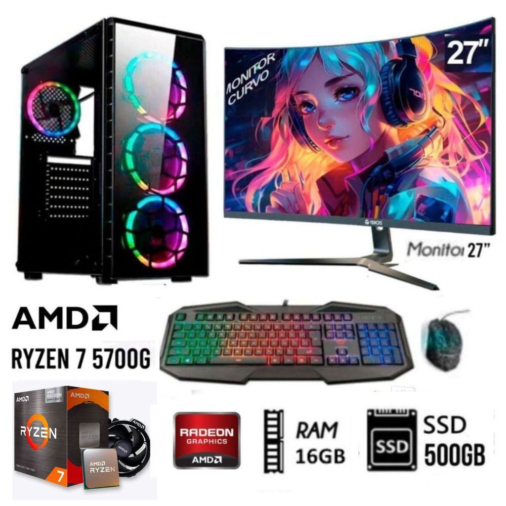 Computadora Pc Gamer  Ryzen 7-5700G Ram 16GB DISCO SSD 500GB MONITOR 27 FHD