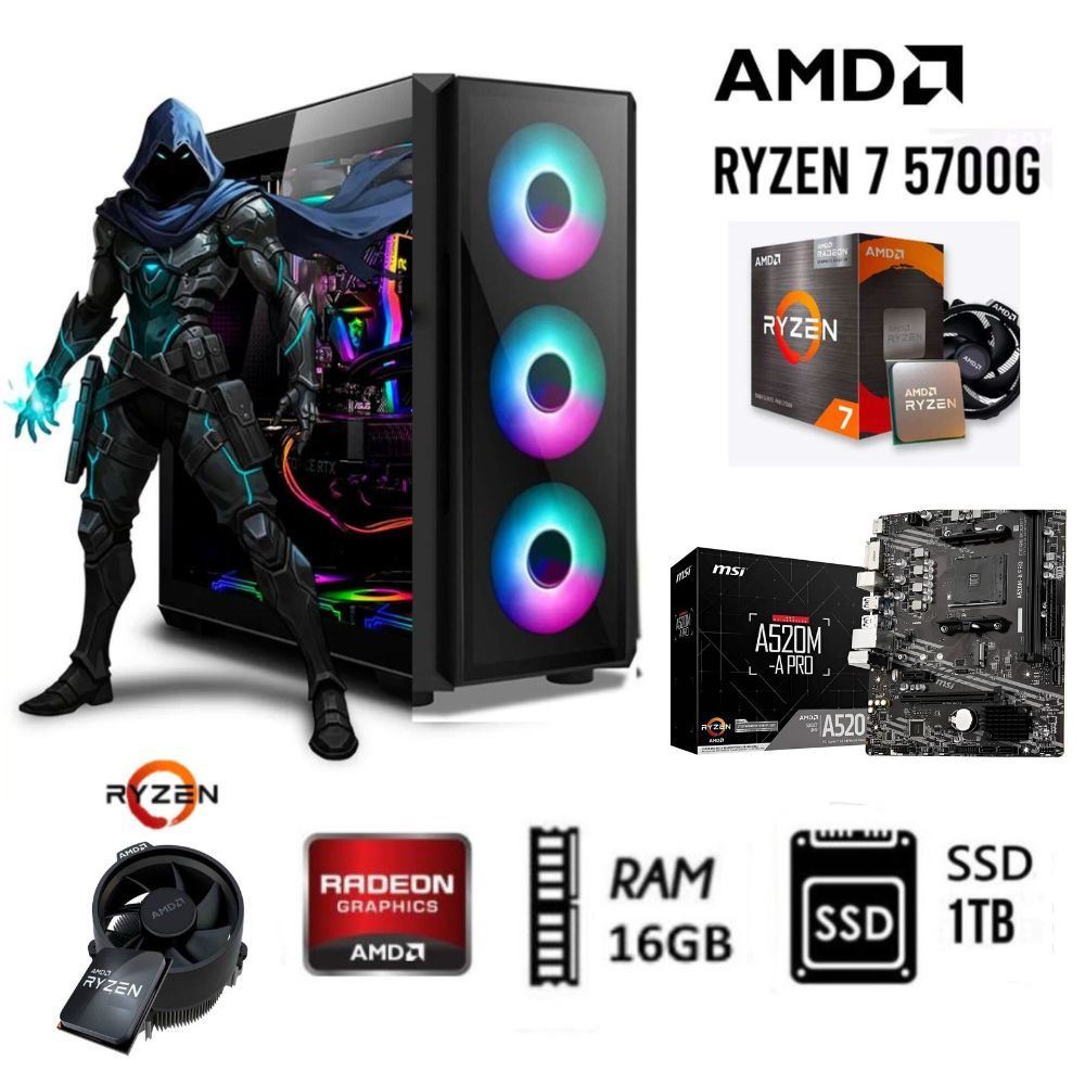 Computadora Pc Gamer  Ryzen 7-5700G Ram 16GB DISCO SSD 1TB  CASE RGB luces