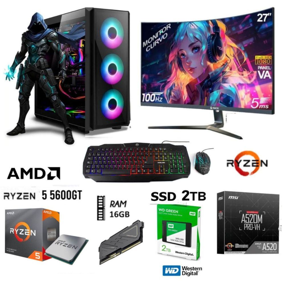 COMPUTADORA PC GAMER RYZEN 5 5600GT RAM 16GB DISCO SSD 2TB, Monitor 27"