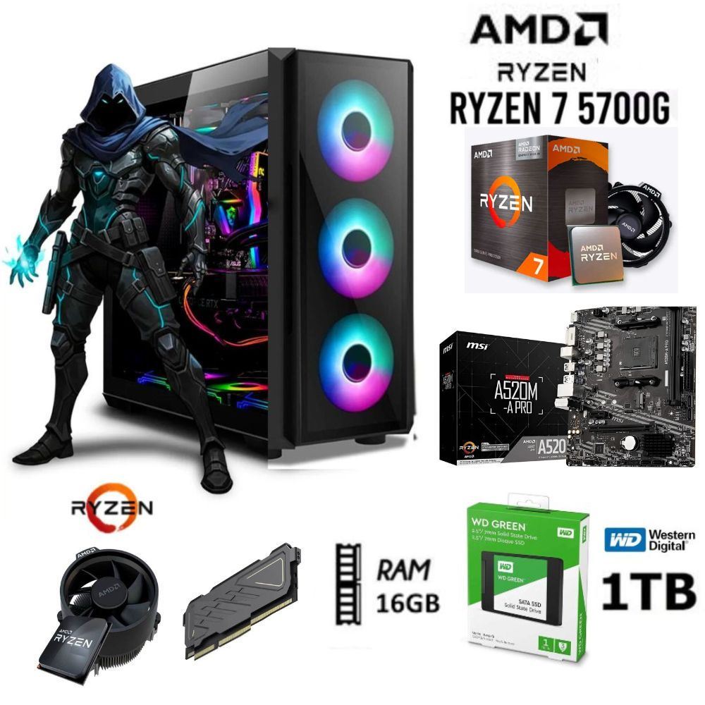 Computadora Pc Gamer  Ryzen 7-5700G Ram 16GB DISCO SSD 1TB  CASE RGB luces