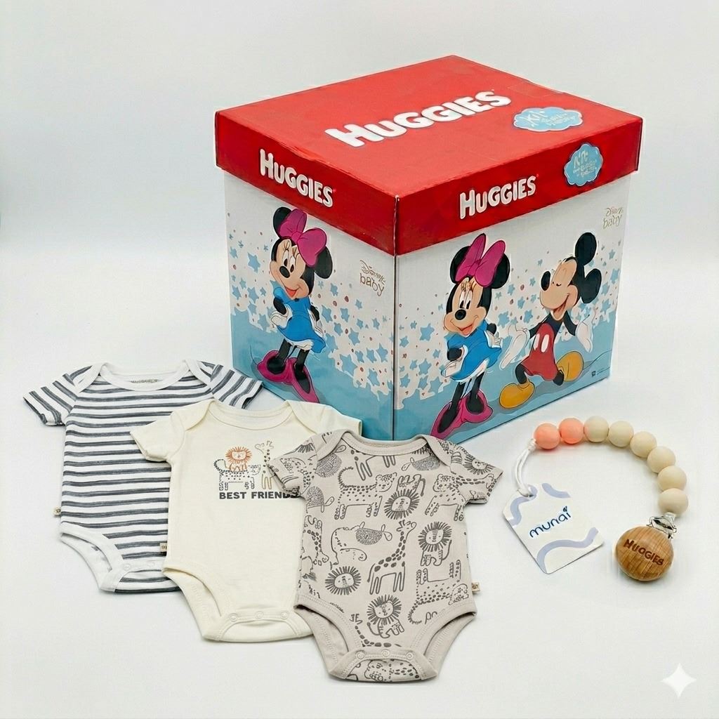 BODY NIÑO HUGGIES PACK X3 ALGODÓN ORGÁNICO BLANCO 6 MESES + PORTACHUPÓN Y CAJA DISNEY DE REGALO