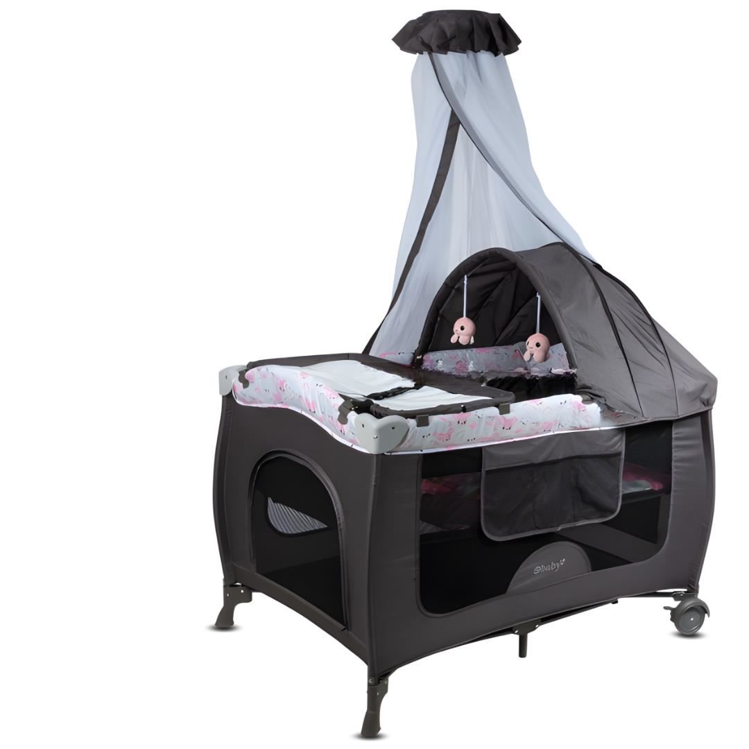 Cuna Corral Mecedora «SALLY CUTE» Grey Pink con Colchón