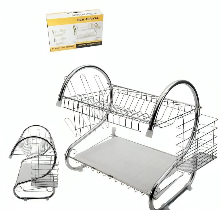 Rack Escurridor 2 Pisos Porta Vasos Cubierto Plateado