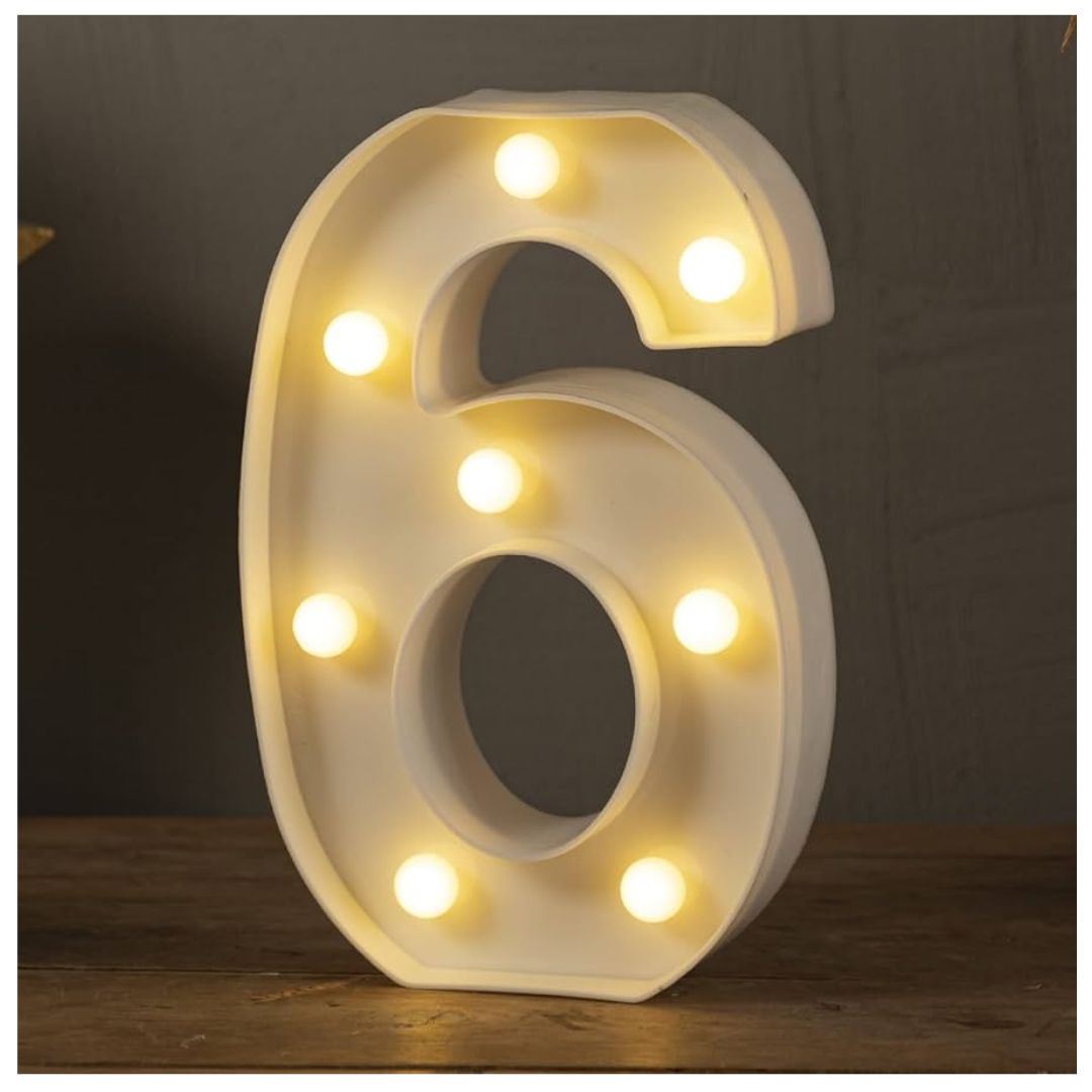 Números 6 Acrílico Blanco Con Luces Led A Pilas Cumpleaños