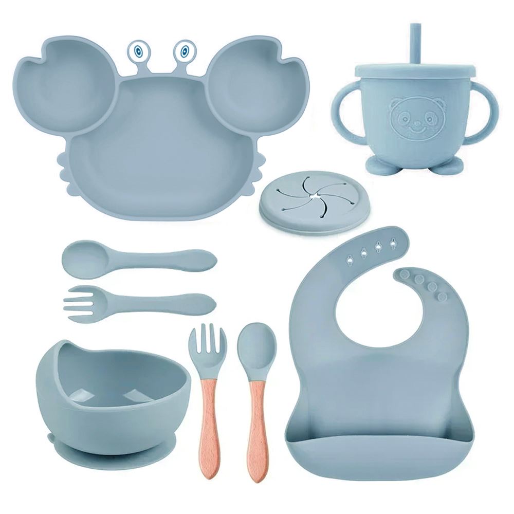 Set de bebe plato cangrejo babero cubierto y vaso azul acero