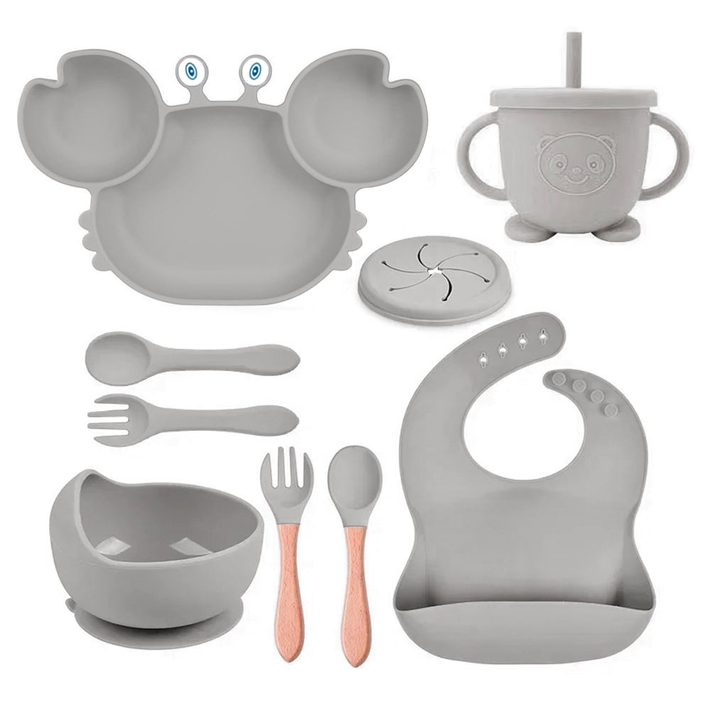 Set de bebe plato cangrejo babero cubierto y vaso gris