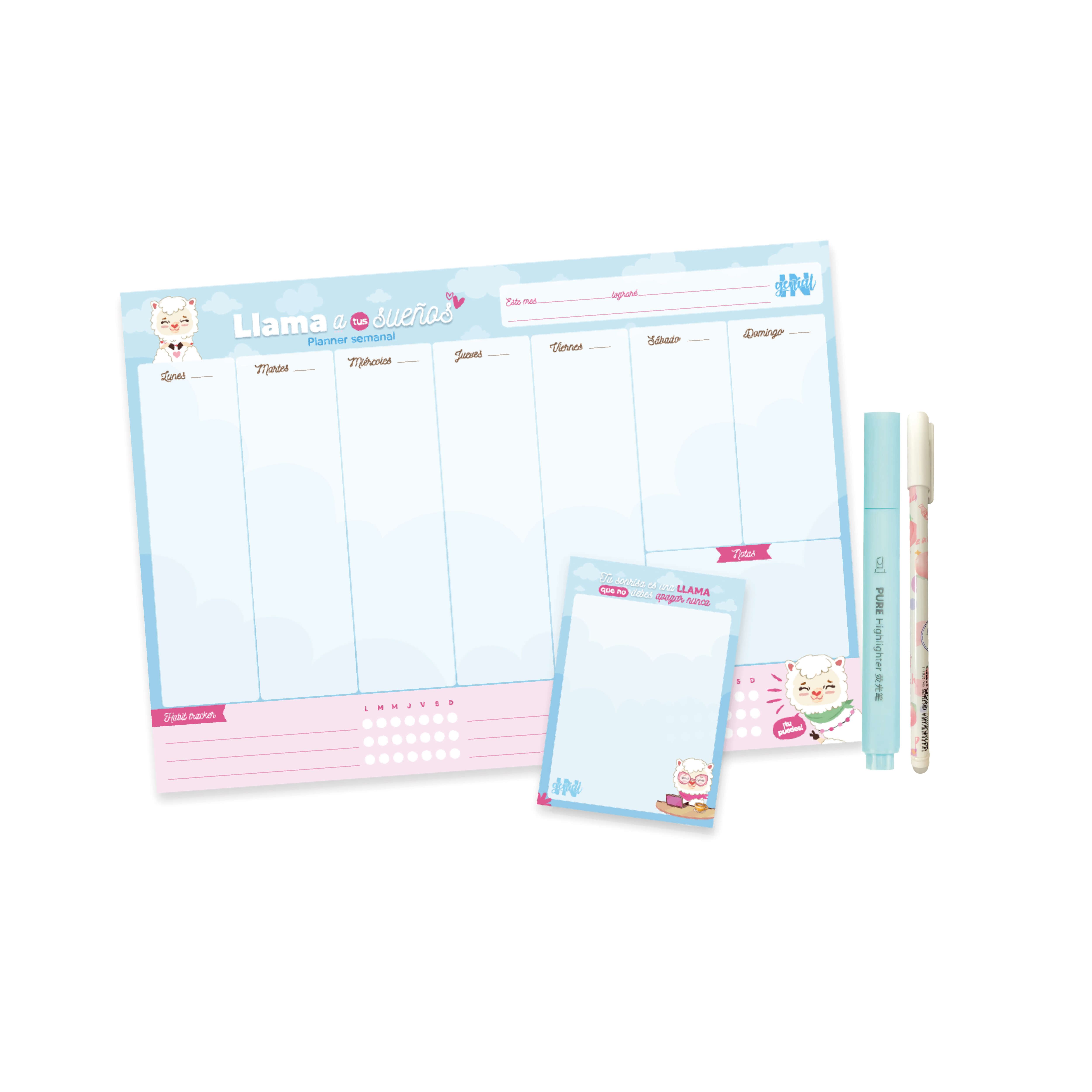 Pack Ingenial Llamiweek: planner + block de notas + lapicero + resaltador