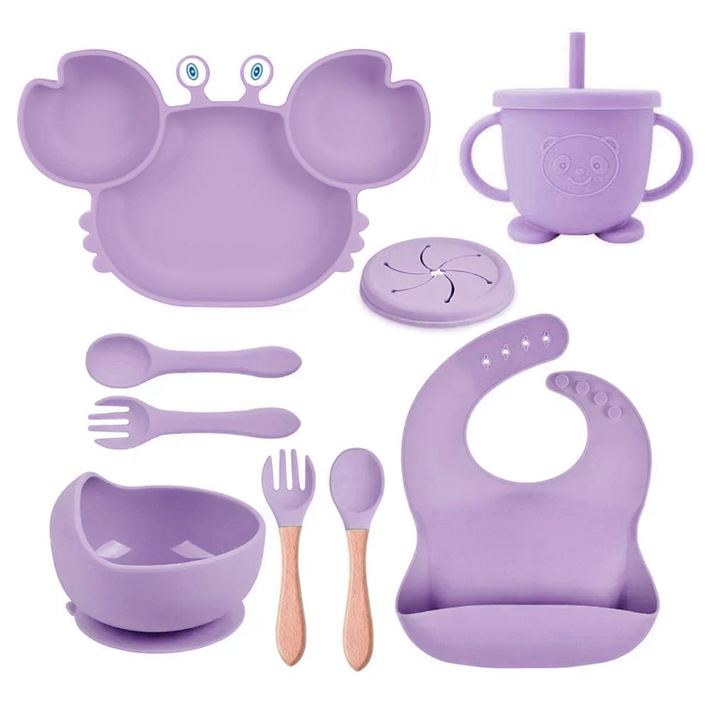 Set de bebe plato cangrejo babero cubiertos y vaso lila