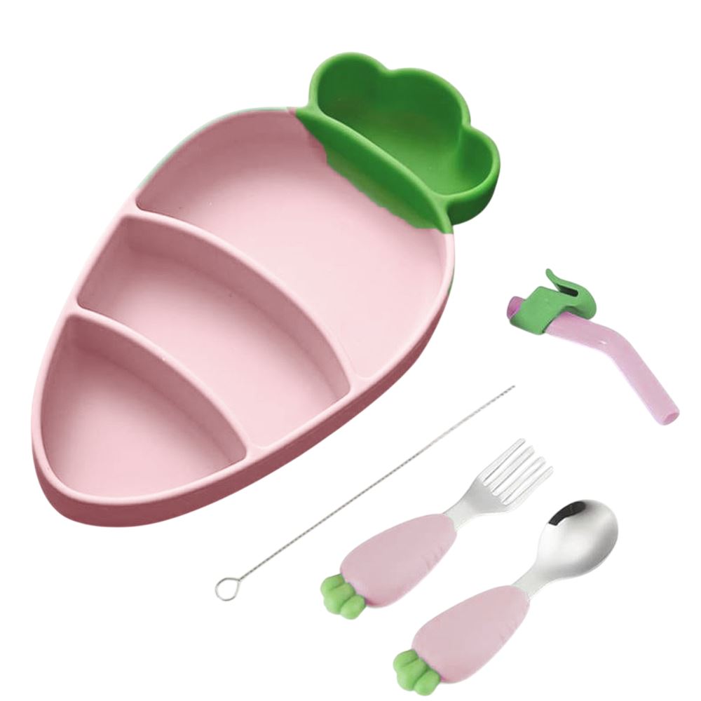 Set plato zanahoria rosado con cubiertos para bebe