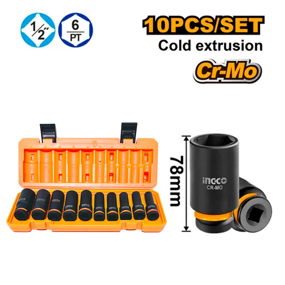 Juego Set Dados Impacto Largos Ingco HKISSD12102L 1/2″ 10 Pcs