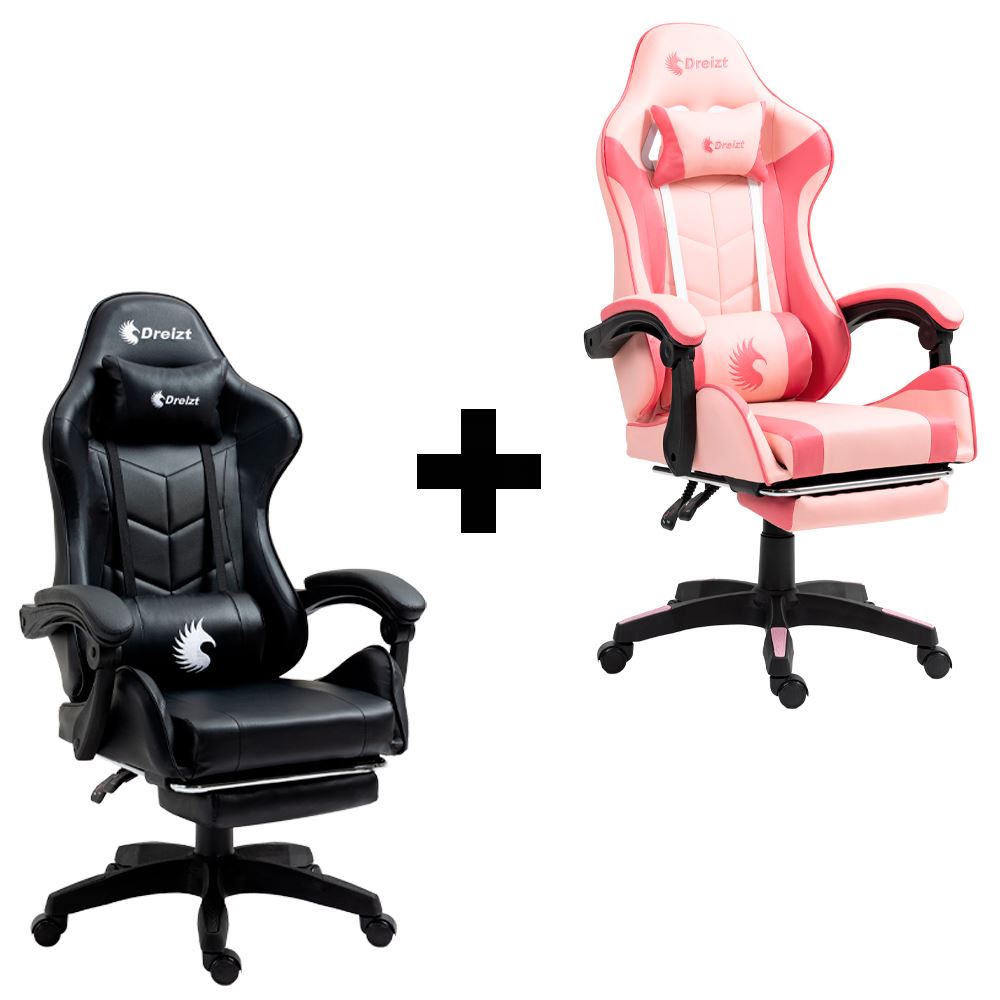 Combo 2 Sillas Gamer Dreizt Shine Series Negro + Rosado caramelo Reclinable 155° Posapies Ergonómica