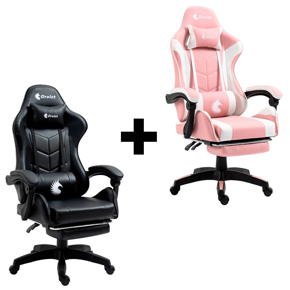 Combo 2 Sillas Gamer Dreizt Shine Series Negro + Rosado Reclinable 155° Posapies Ergonómica