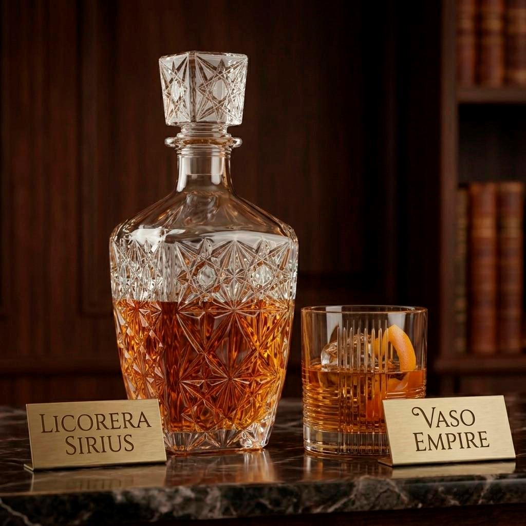 Jgo 8pc Vasos cortos 330ml + Hielera + Licorera, Whiskera, Escoces 1L 29*9.5