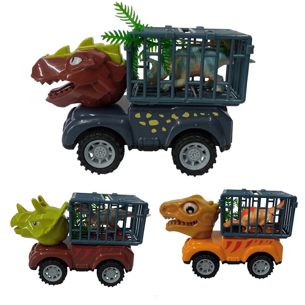 Set de 4 carritos de remolques dinosaurio con animalitos
