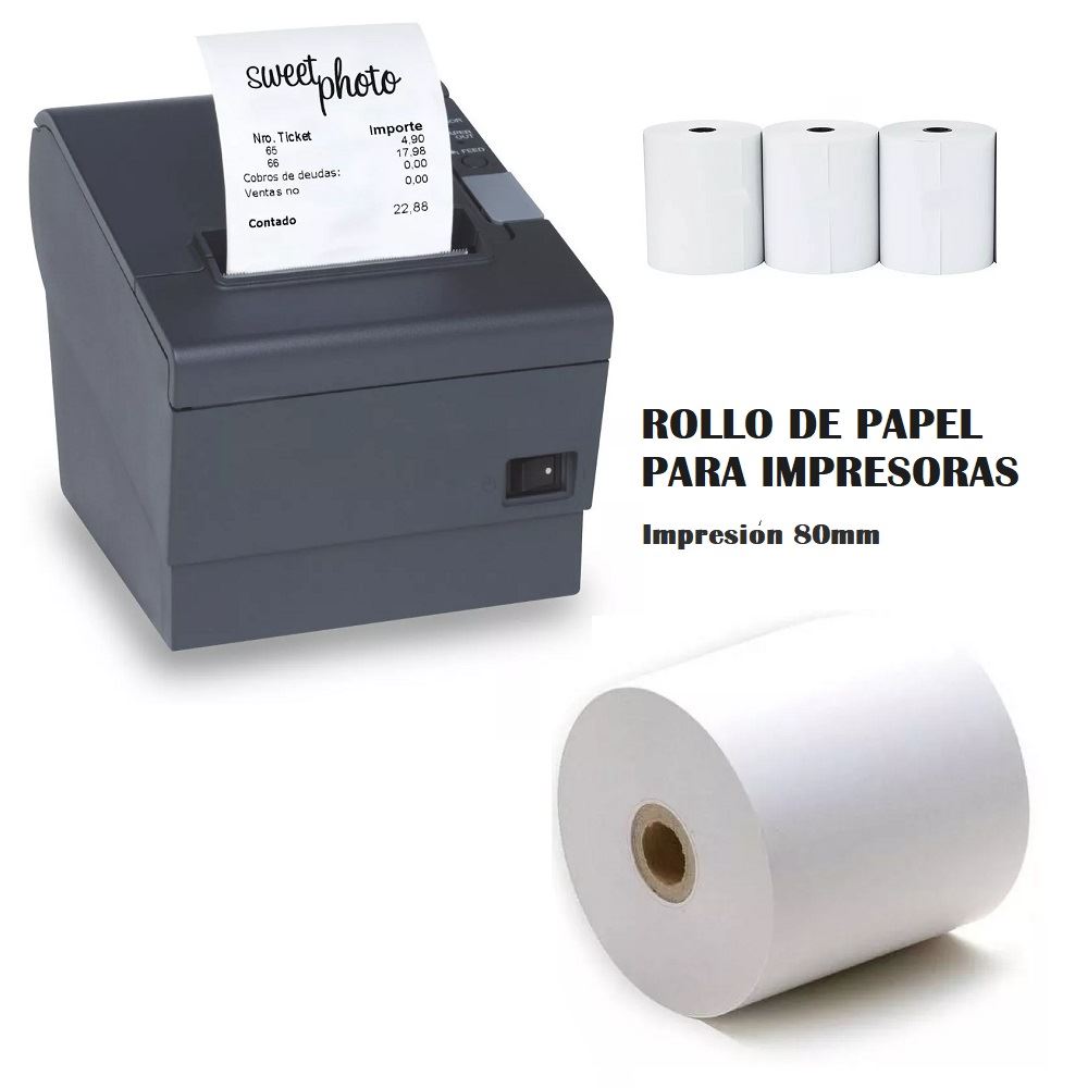 set de 5 rollos de papel 80mm para impresoras o ticketera