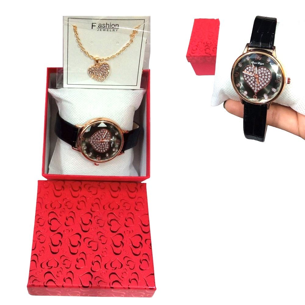 Set de Reloj y collar en cofre para regalar corazon NEGRO