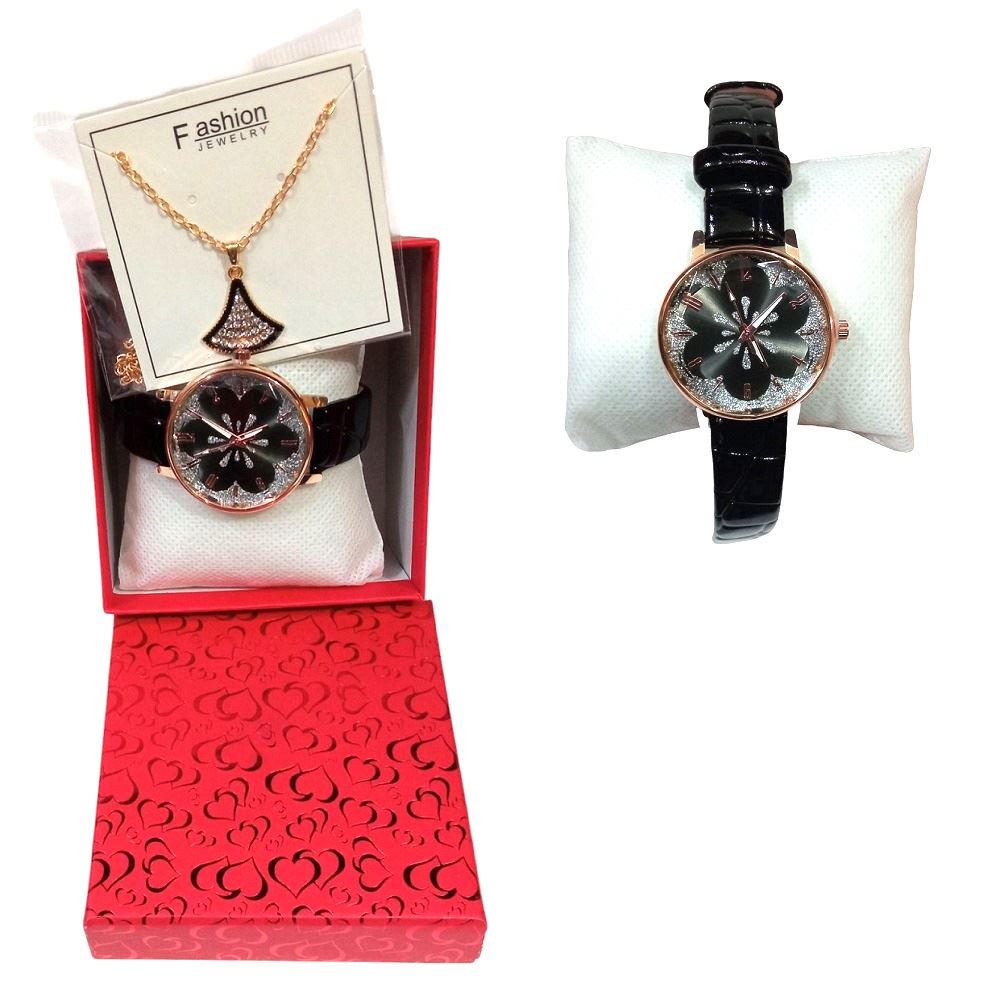 Set de Reloj y collar en cofre para regalar dia de la madre NEGRO
