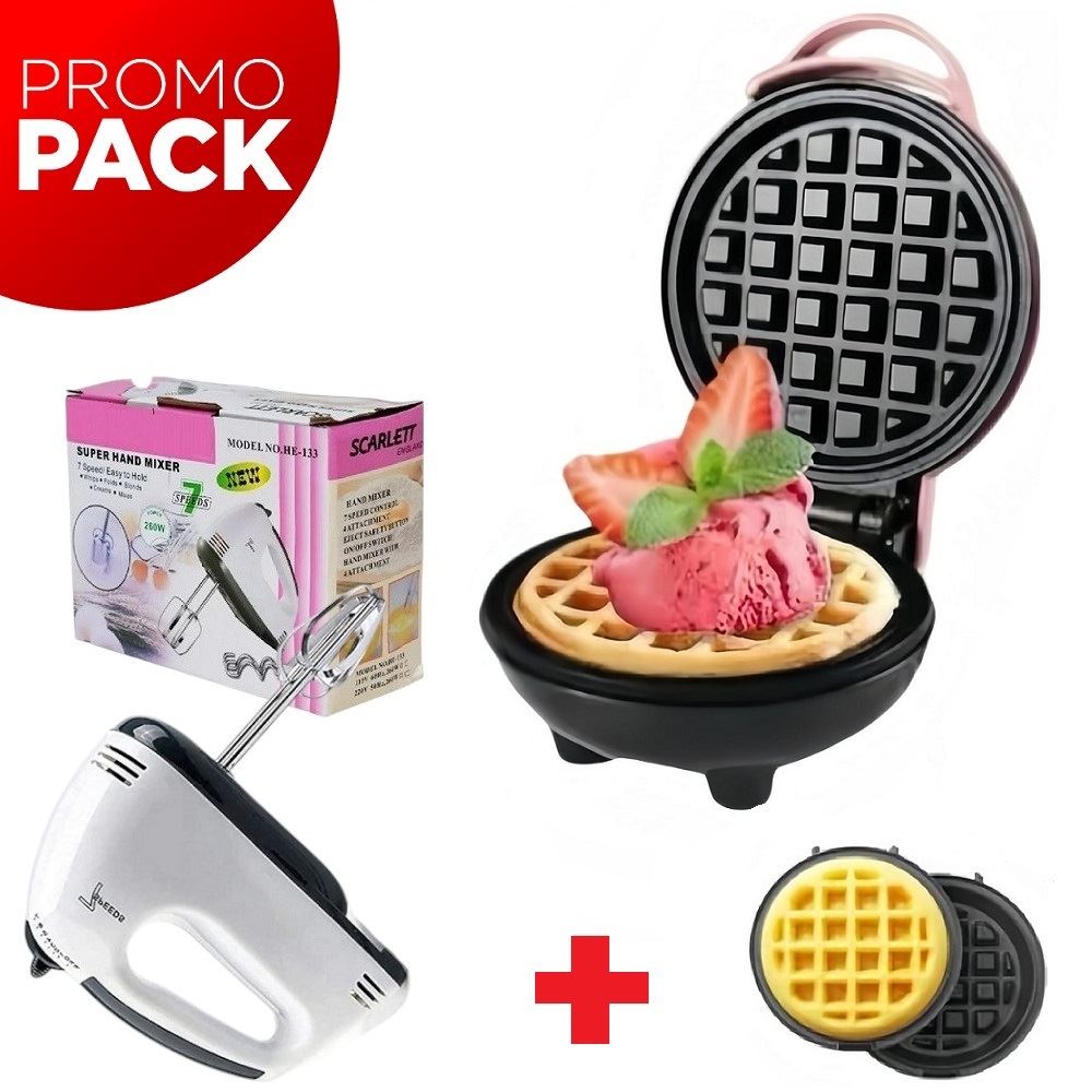 PACK de una mini waflera y una batidora electrica manual Rosad