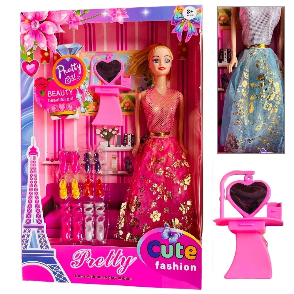 Set de una muneca de silicona con 6 pares de zapatos y accesorios