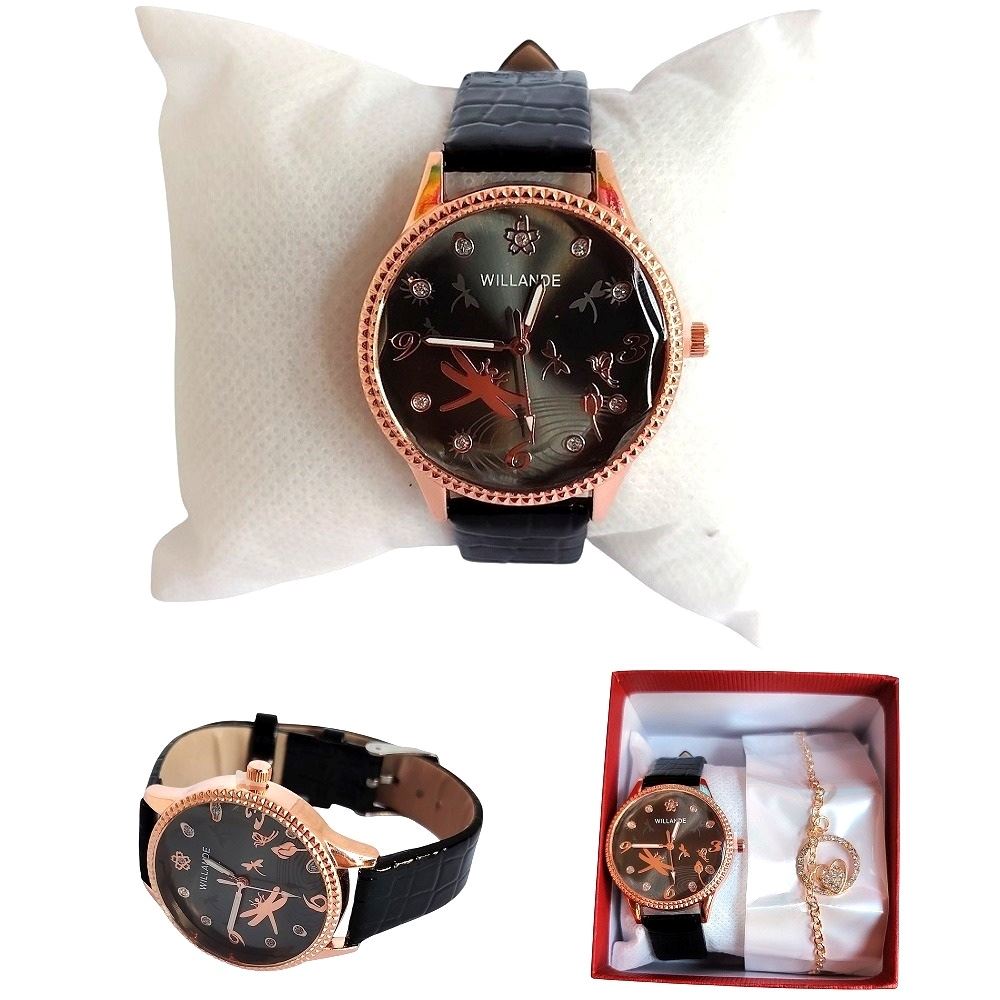 Reloj con correa cuero PU set con cadena en cajita / Negro