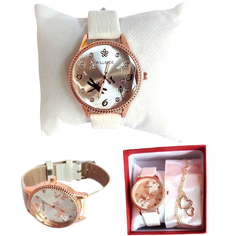 Reloj con correa cuero PU set con cadena en cajita / Blanco