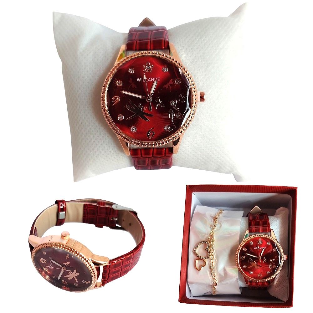 Reloj con correa cuero PU set con cadena en cajita / Rojo