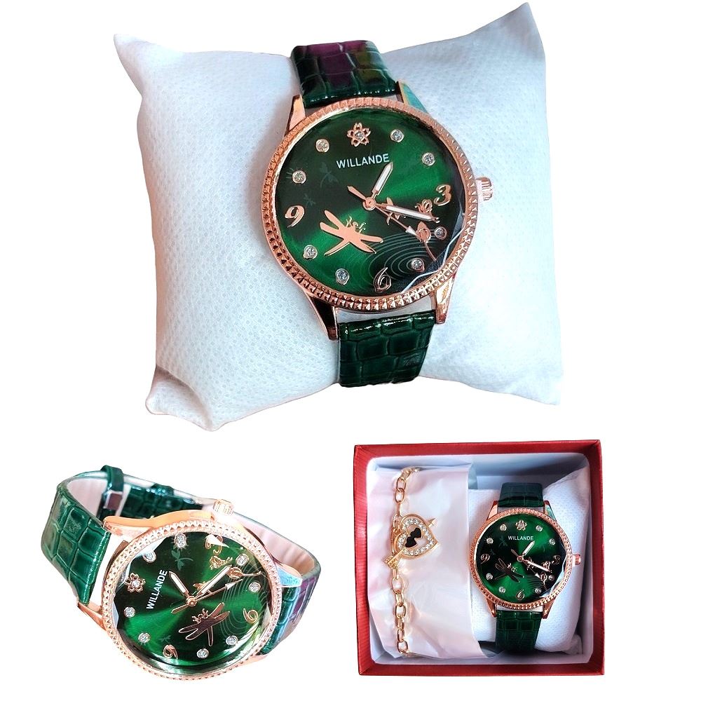 Reloj con correa cuero PU set con cadena en cajita / Verde