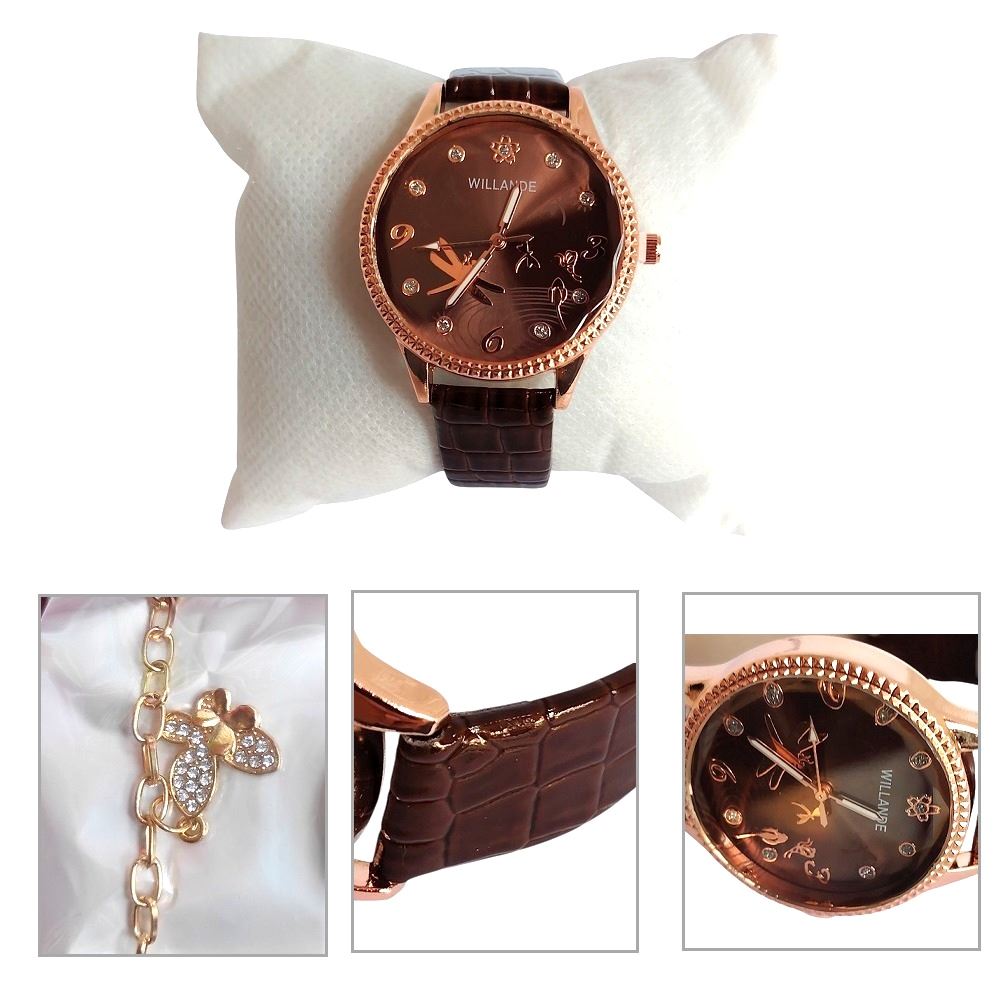 Reloj con correa cuero PU set con cadena en cajita / Marrón