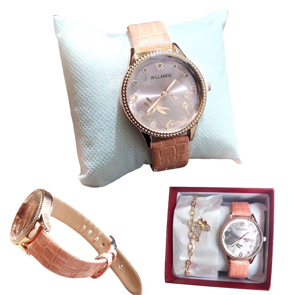 Reloj con correa cuero PU set con cadena en cajita / Rosa