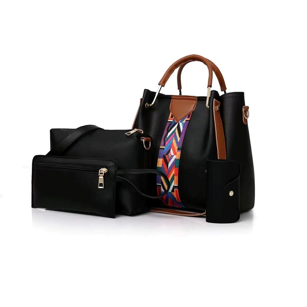 Juego de una cartera o bolso de hombro un monedero billetera 4 pcs - Negro