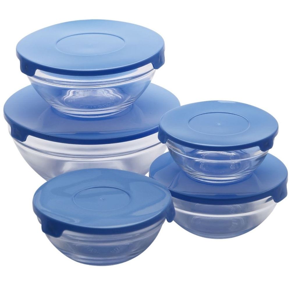 set de 5 Bowls tapers de vidrio fuentes con tapa hermetica