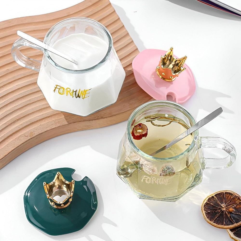 Set de 3 tazas 350ml de vidrio con cuchara y tapa