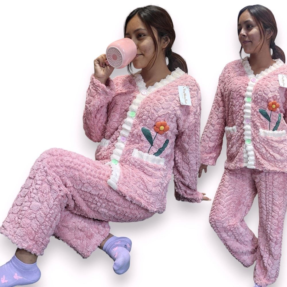 Conjunto de pijama pantalon y chompa / Rosa / L