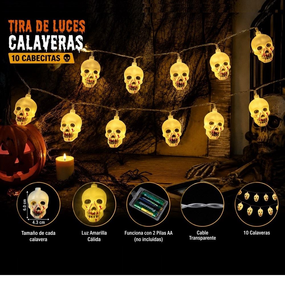 Tira de luces led Halloween cabezas de calavera 2mts