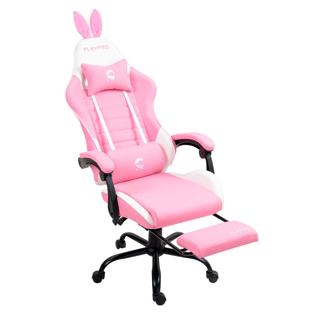 Silla Gamer con Masajeador Lumbar Playpro X1 Rosado Bunny Base Metal