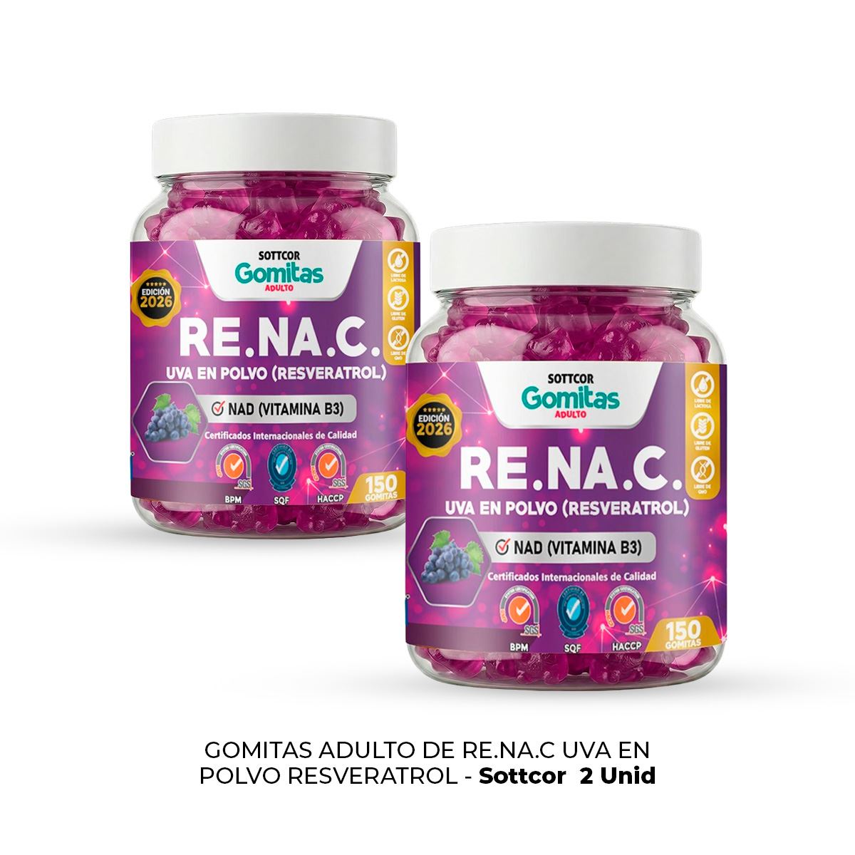 2 Gomitas RE.NA.C Uva en polvo Resveratrol Sottcor 150 Gomitas