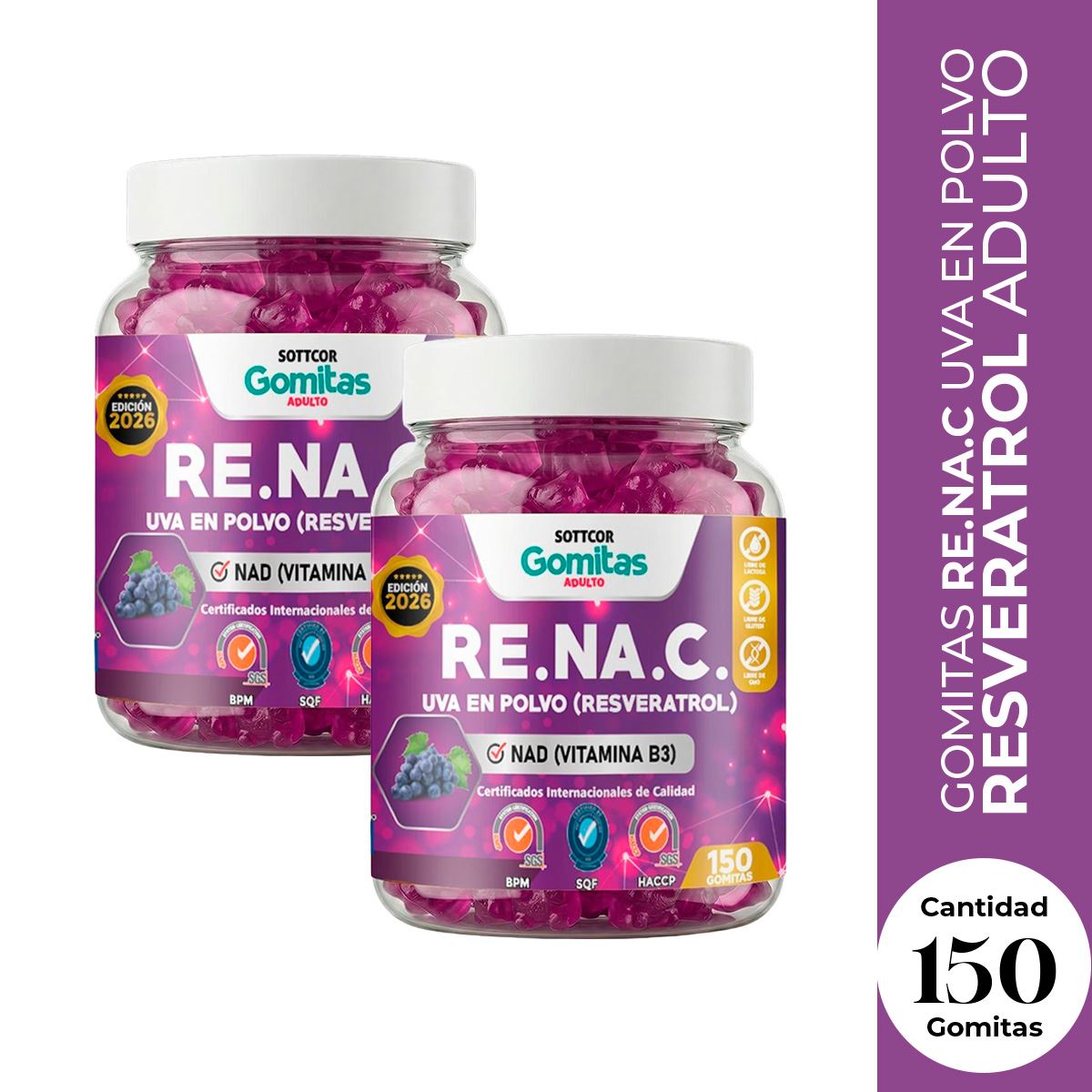 2 Gomitas RE.NA.C Uva en polvo Resveratrol Sottcor 150 Gomitas