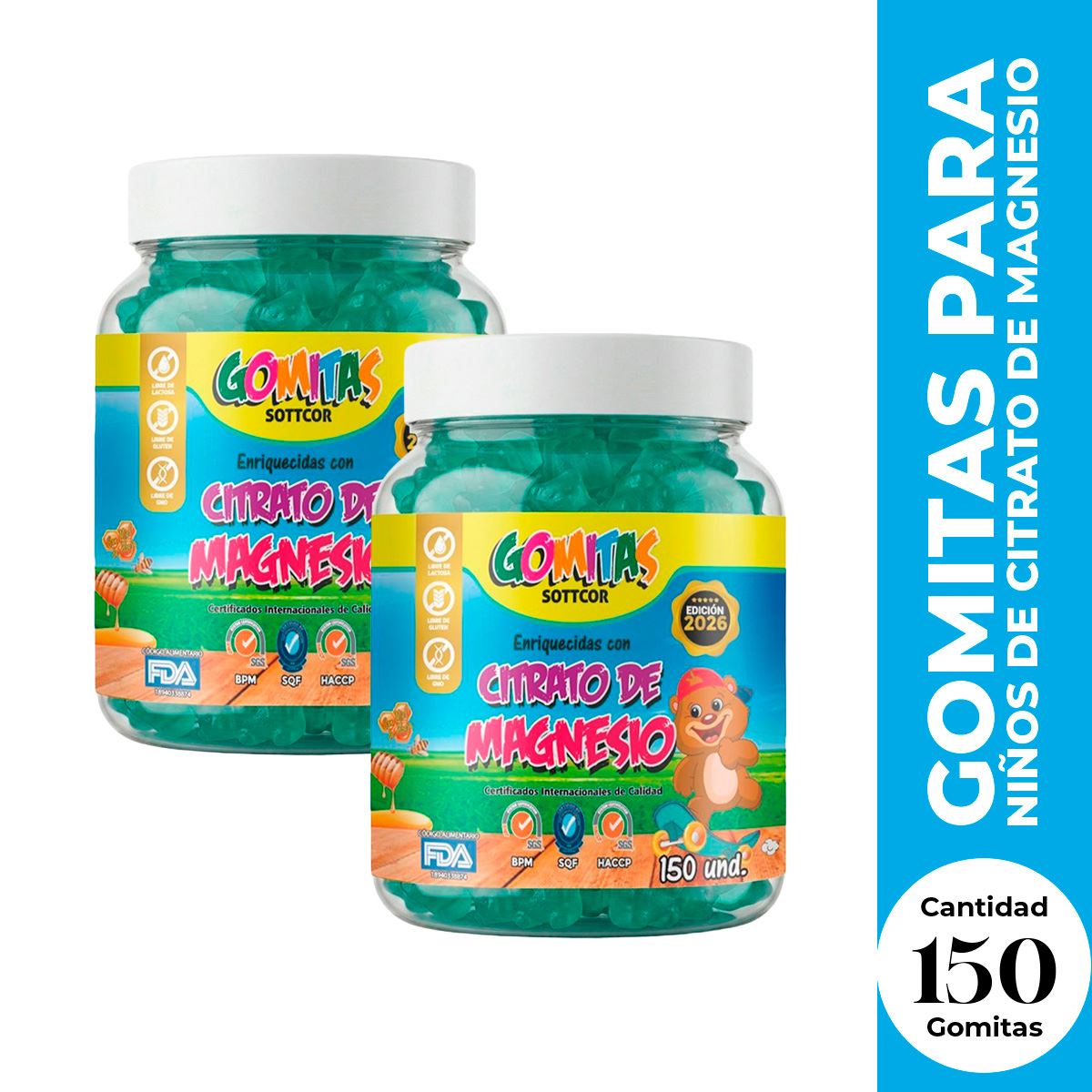 2 Gomitas para Niños Citrato de Magnecio 150 Gomitas Sottcor