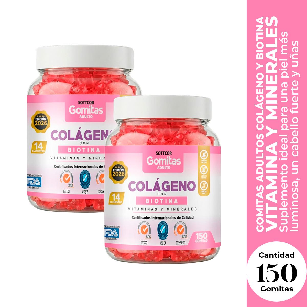 2 Gomitas Adultos Colágeno y Biotina Sottcor 150 Gomitas