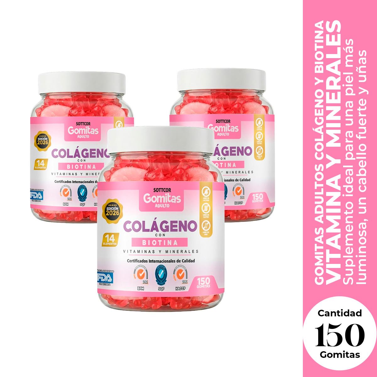 3 Gomitas Adultos Colágeno y Biotina Sottcor 150 Gomitas