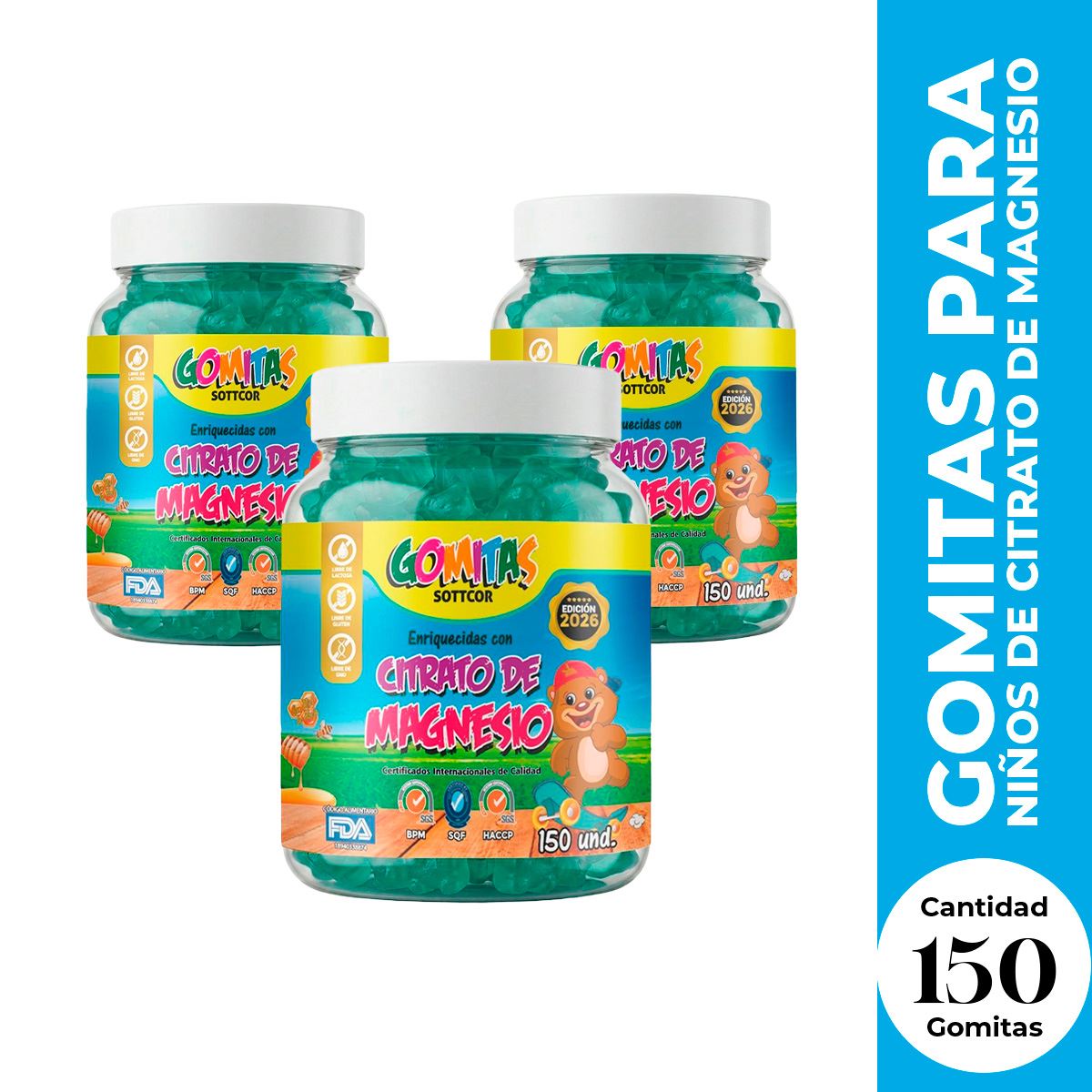 3 Gomitas para Niños Citrato de Magnecio 150 Gomitas Sottcor