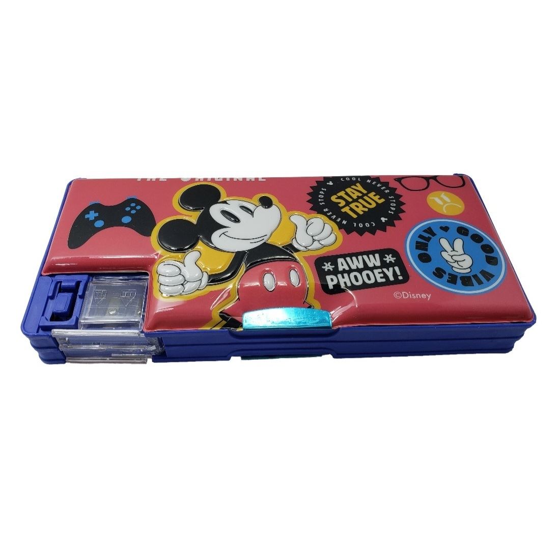 CARTUCHERA IMANTADA DOBLE COMPARTIMENTO DOBLE TAJADOR LINTERNA LED DISEÑO MICKEY MOUSE EN ALTO RELIEVE