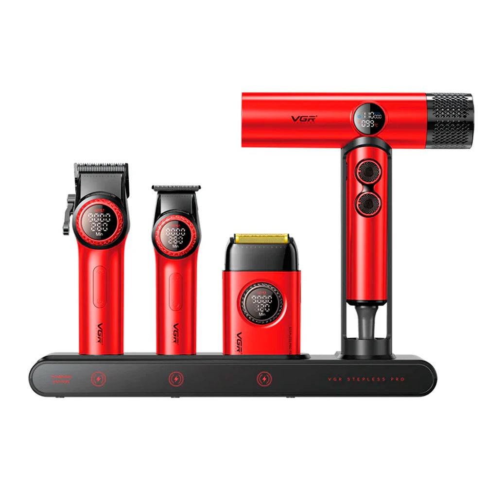 Combo VGR Stepless Pro 4 en 1 Rojo Clipper + Trimmer + Shaver + Secadora