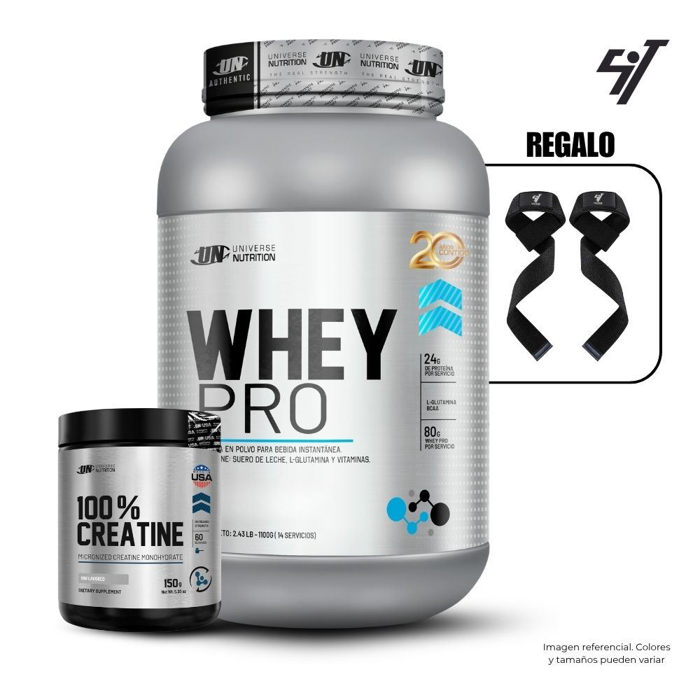 WHEY PRO 1.1 KG CHOCOLATE + UNIVERSE NUTRITION 150GR + STRAPS