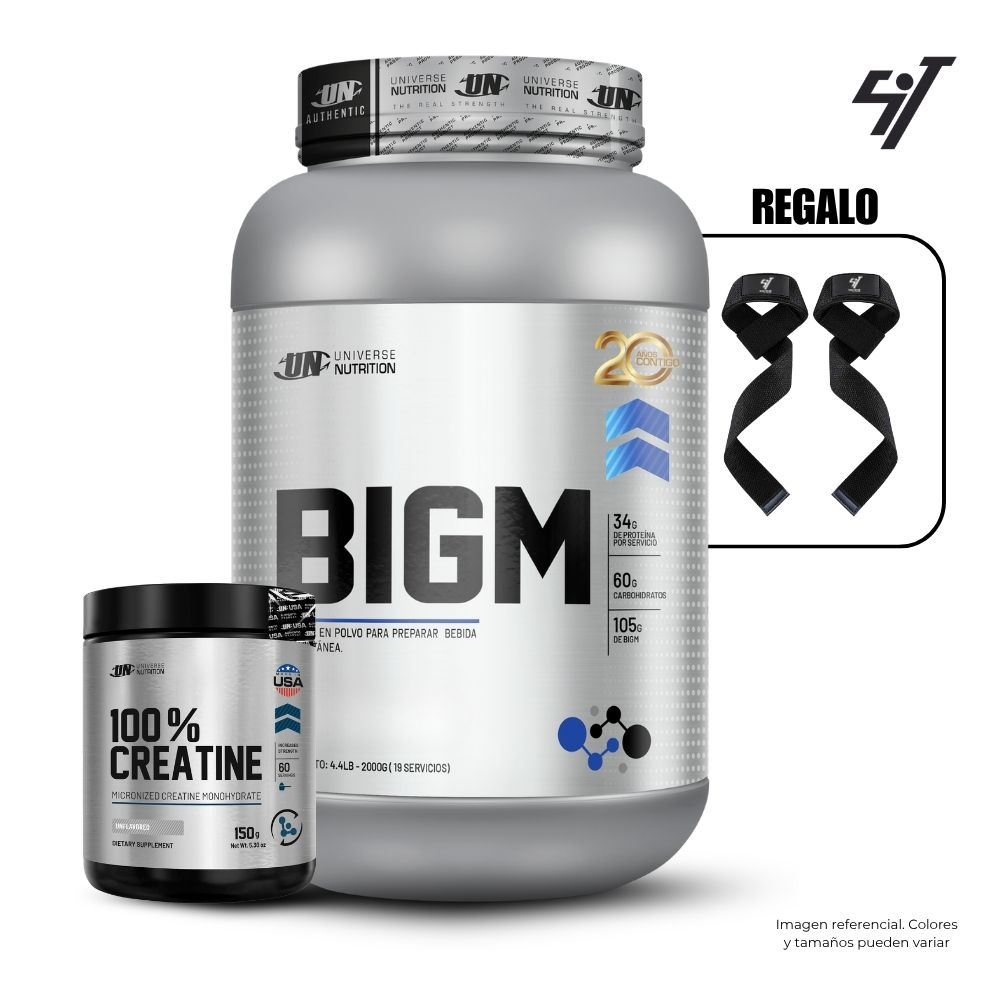 BIGM 2 KG VAINILLA + UNIVERSE NUTRITION 150GR + STRAPS