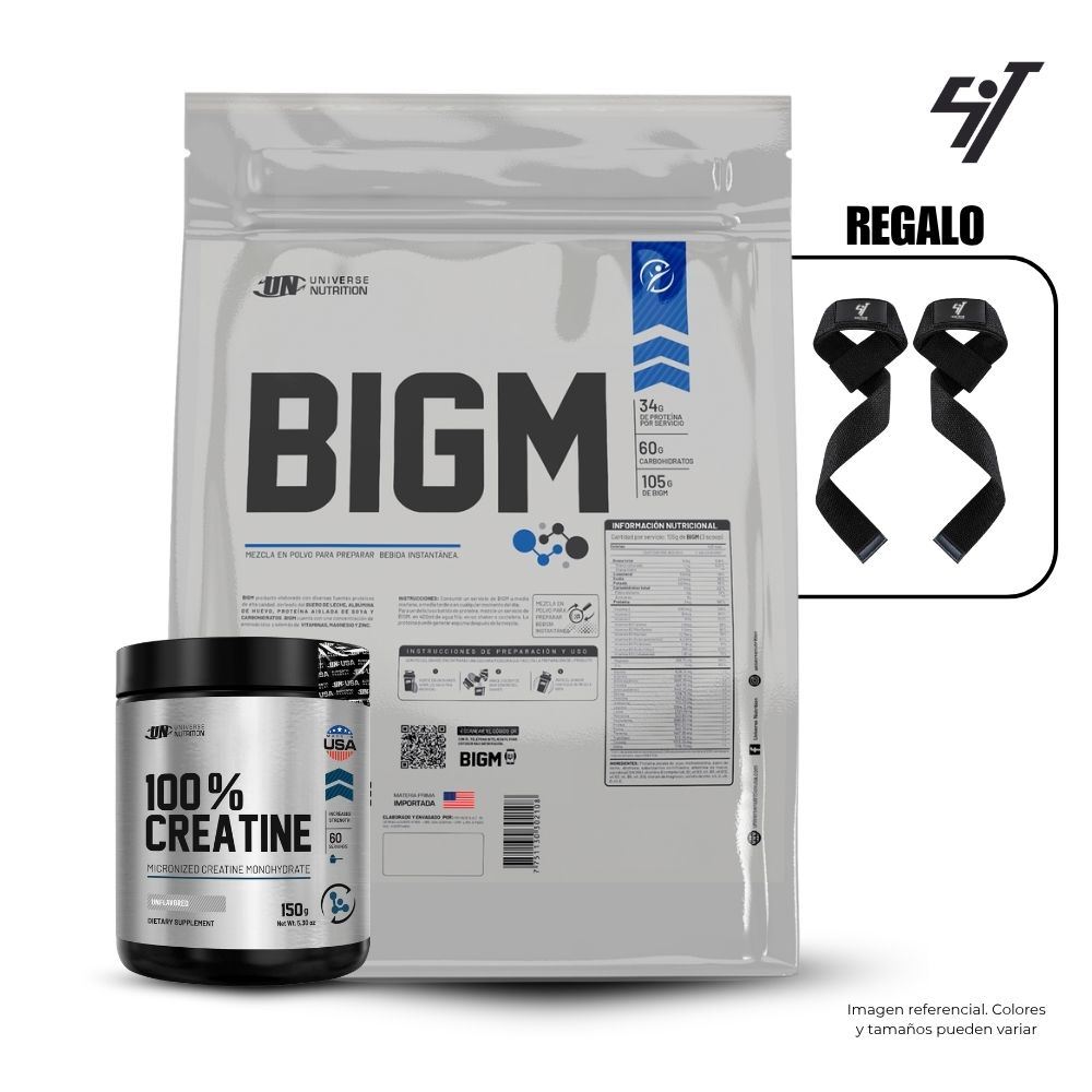 BIGM 3 KG VAINILLA + UNIVERSE NUTRITION 150GR + STRAPS