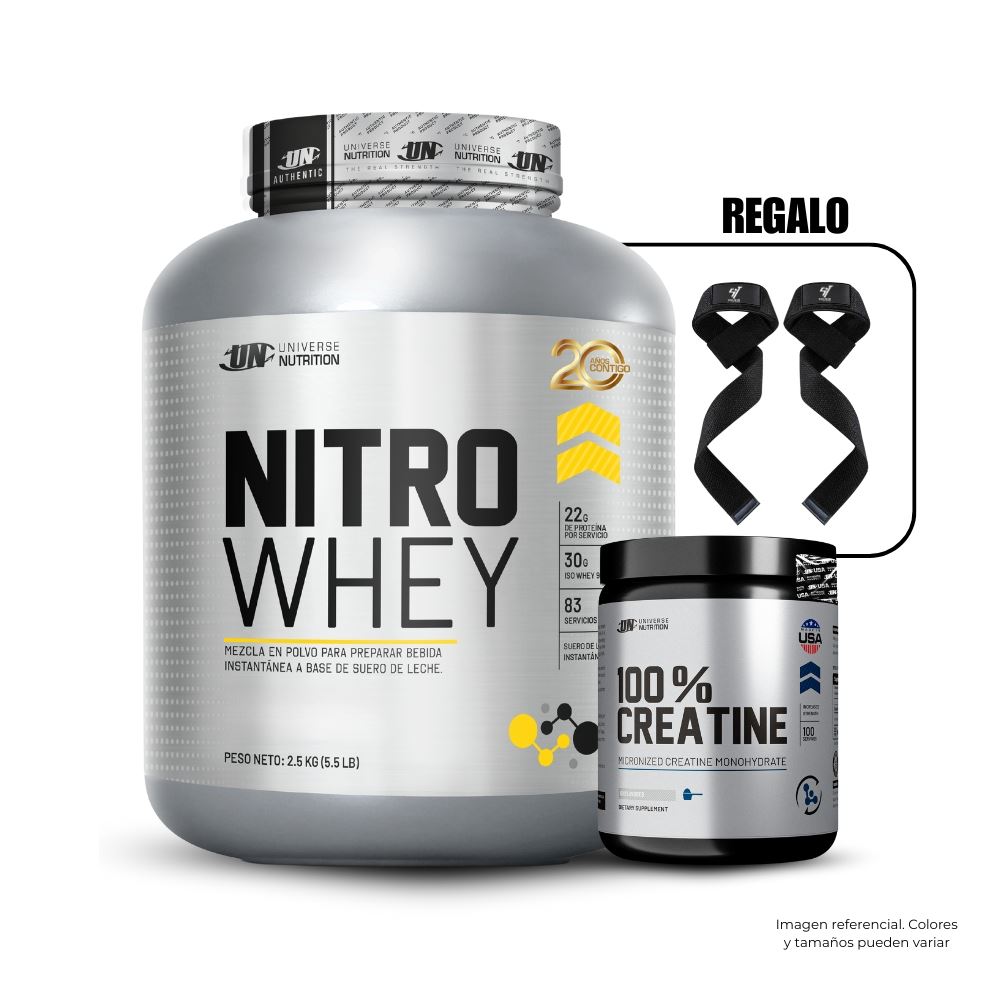 NITRO WHEY 5.5 LB VAINILLA + UNIVERSE NUTRITION 150GR + STRAPS