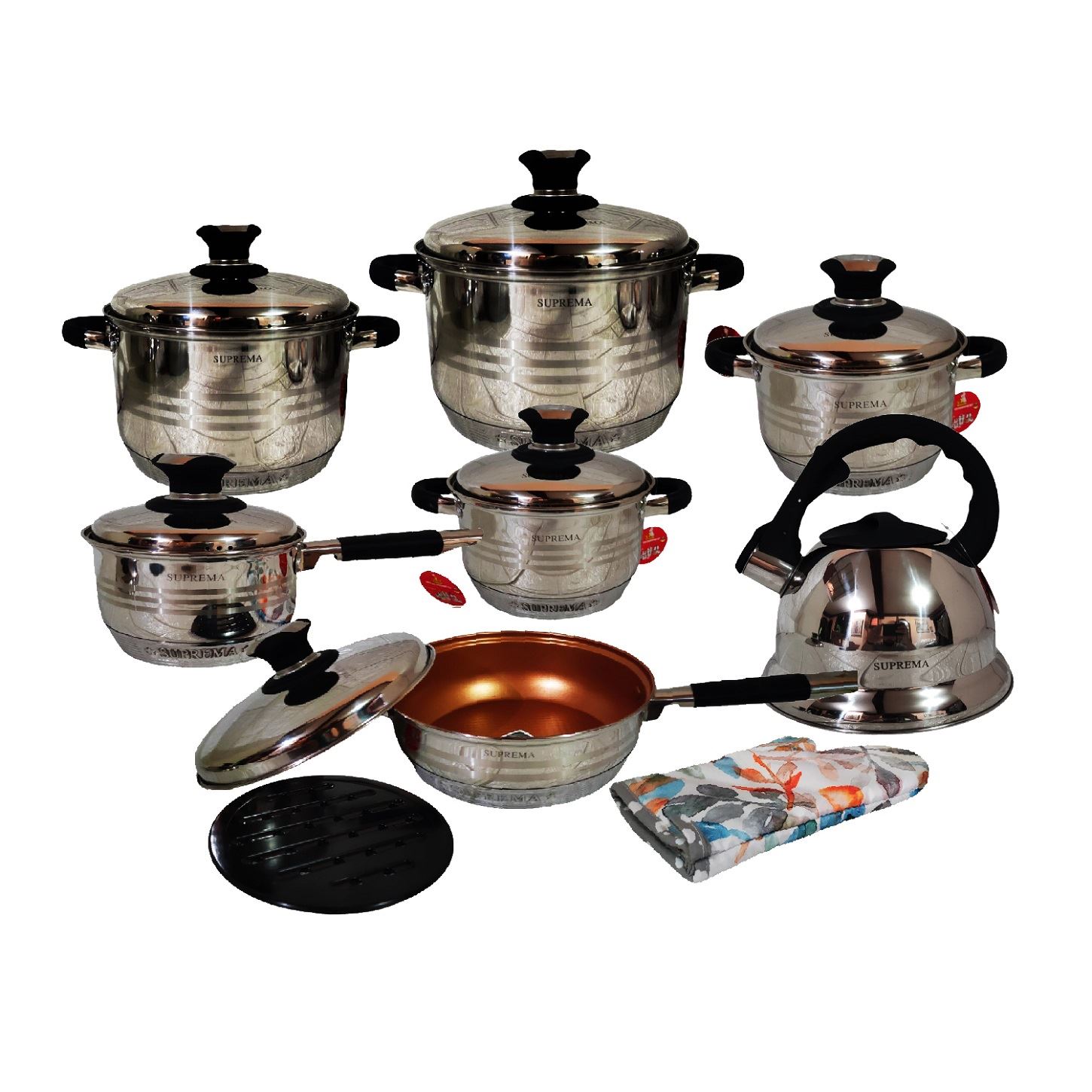 Set de Ollas SUPREMA 14 Piezas SU-TC020-14PC Tapas de Acero Inoxidable Negro